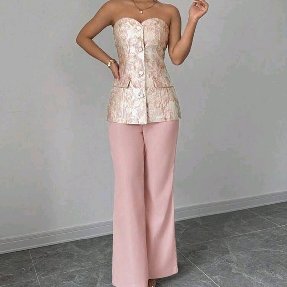 Women Elegant Full-Printed Front Button Tank Top And Solid Color Pants Set - Picture 5 of 6